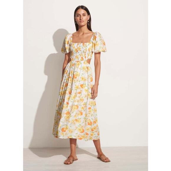 NWT Faithfull the Brand Loucetta Floral Print Midi Dress Sz. 12 White Yellow - Picture 3 of 15